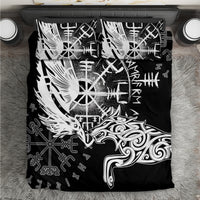 Black bedding set with large white rune circle and raven graphic, with pillowcases