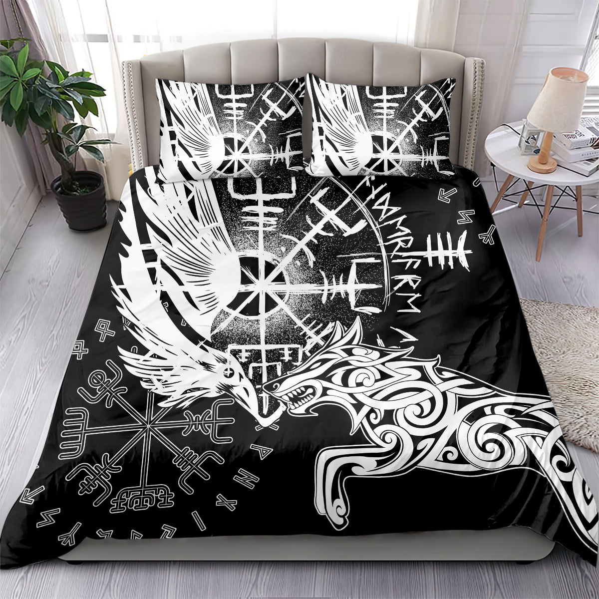 Black bedding set with white wolf head and raven artwork, two matching pillowcases
