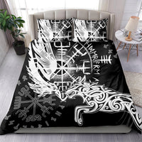 Black bedding set with white wolf head and raven artwork, two matching pillowcases