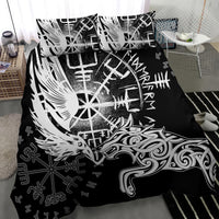 Black duvet cover with white rune symbols, raven and wolf graphic, two pillowcases