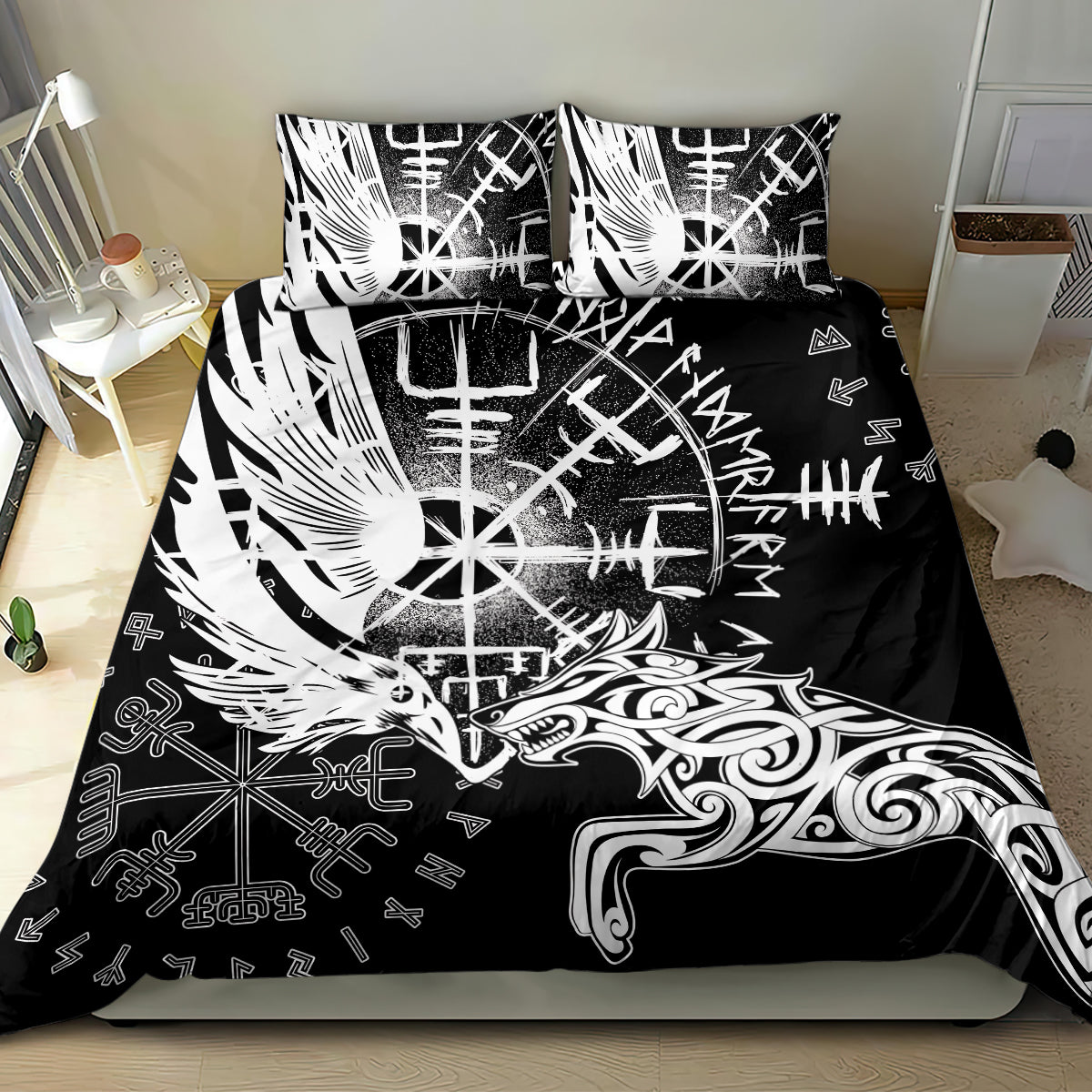 Black bedding set with white raven and wolf design, with matching pillowcases