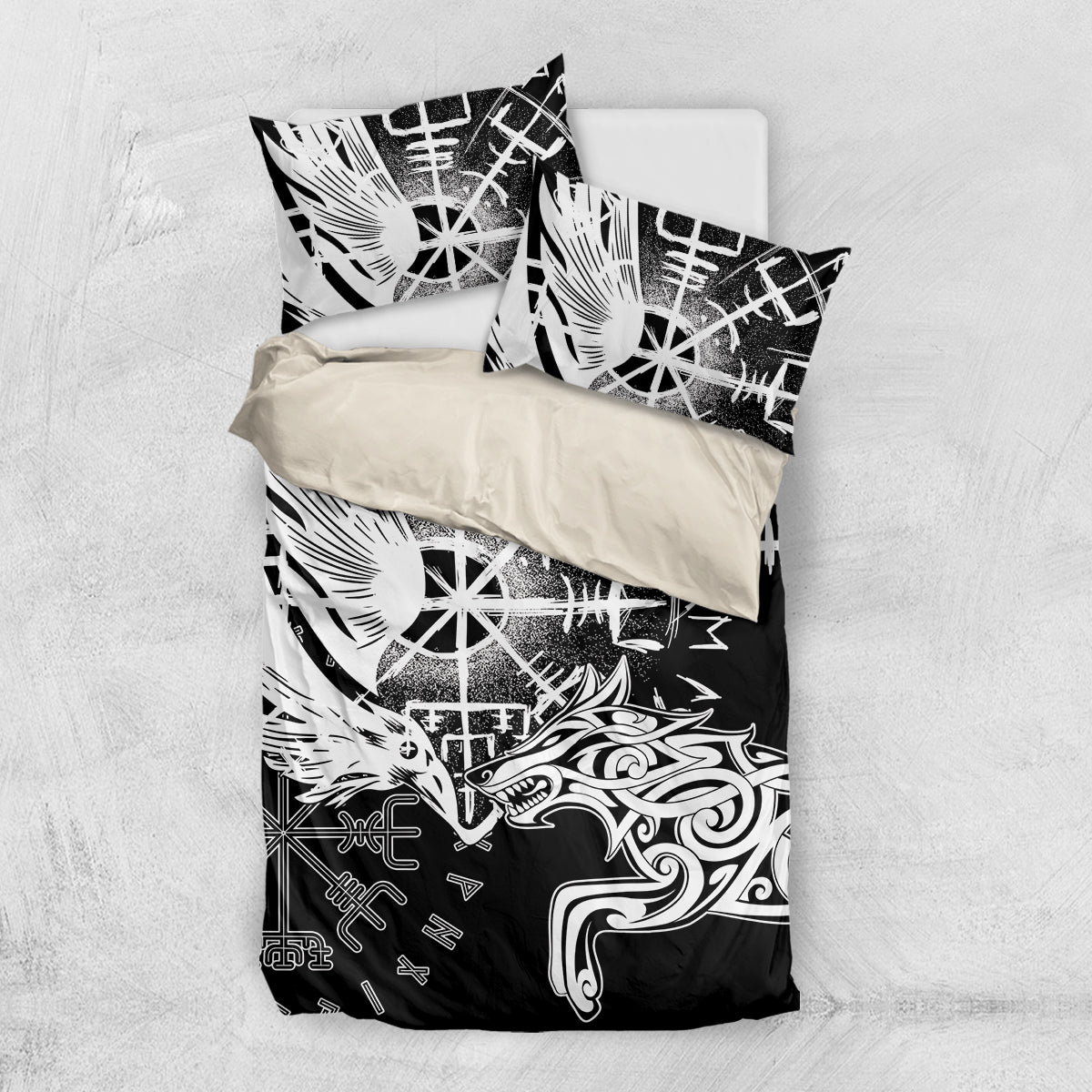 Black bedding set with white raven, wolf, and rune graphics, includes pillowcases