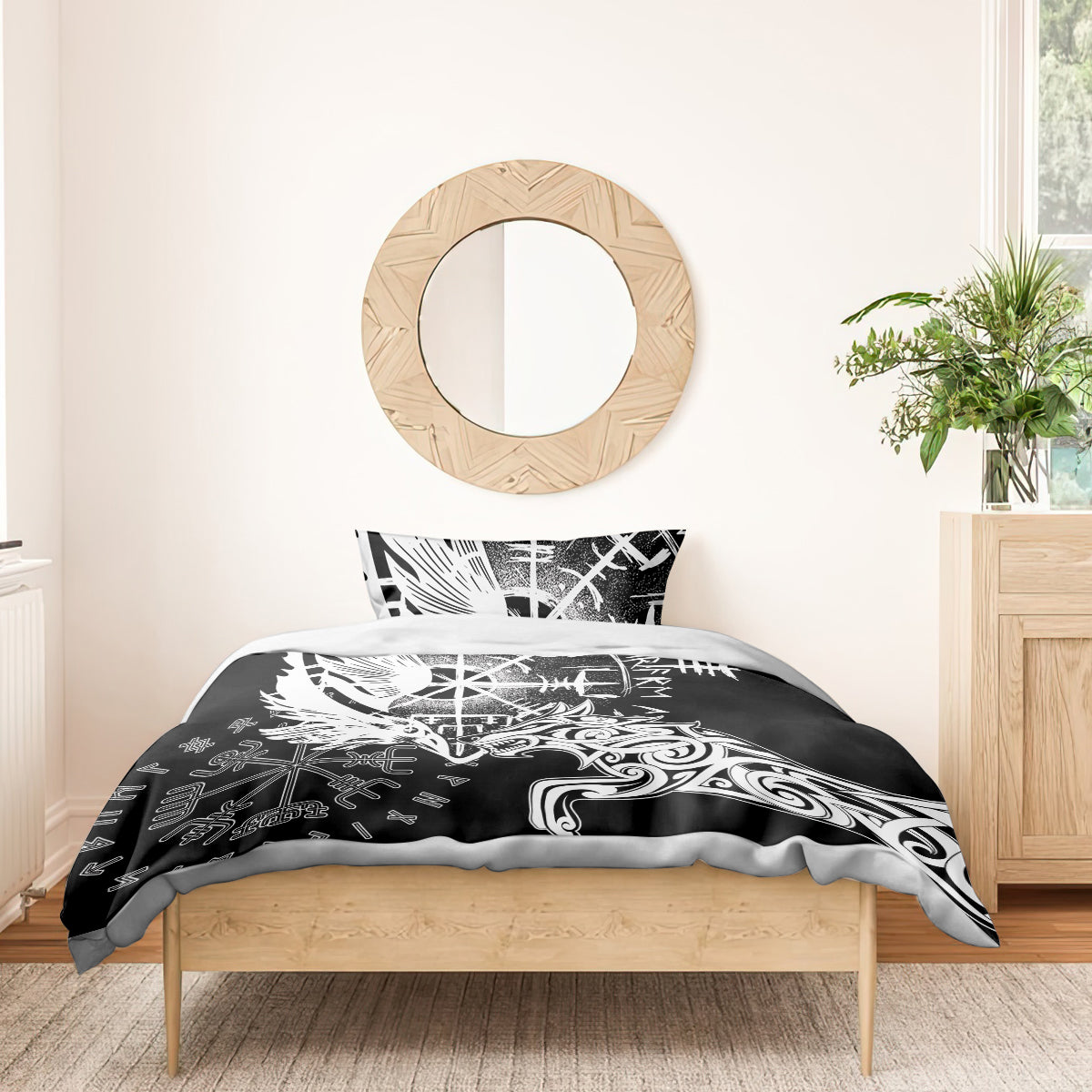 Black bedding set with white raven and wolf swirl graphic, with two pillowcases