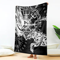 Black and white themed blanket draped, featuring raven and wolf artwork