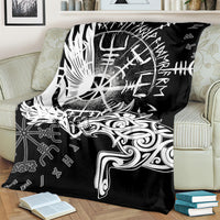 Black blanket with large white raven and wolf graphic design