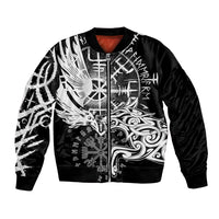Unisex black bomber jacket, white raven and wolf print, zip front, ribbed hem