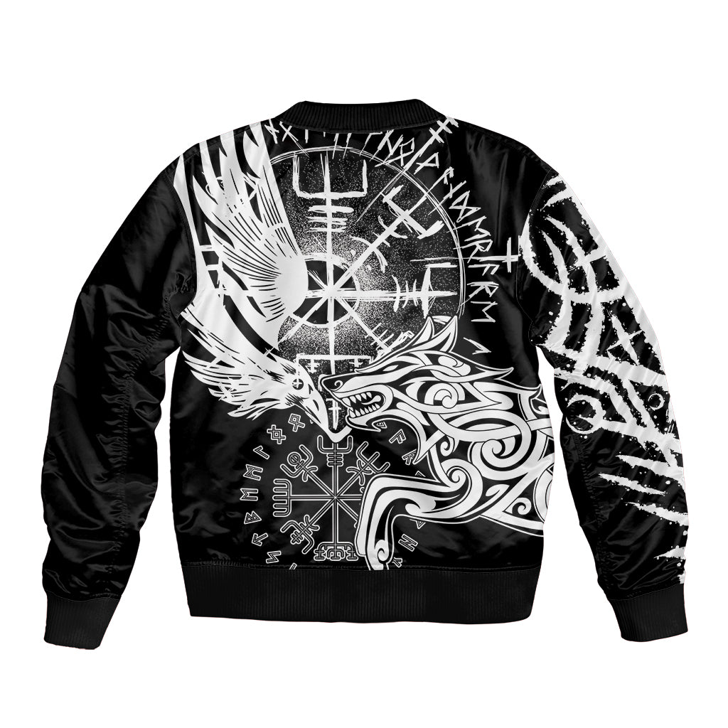 Unisex black bomber jacket with large white raven and wolf emblem, ribbed cuffs