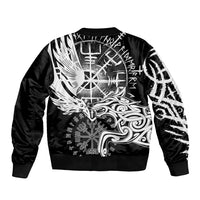 Unisex black bomber jacket with large white raven and wolf emblem, ribbed cuffs