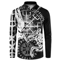 Black button-front sweatshirt with bold raven and wolf graphic, long sleeves, white print.