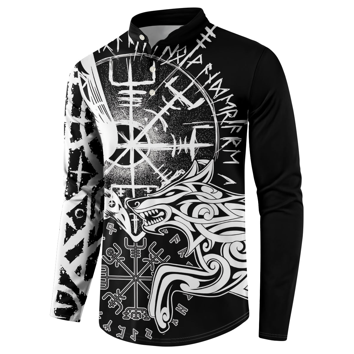 Black button-front sweatshirt with raven and wolf graphic and rune symbols, long sleeves.