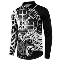 Black button-front sweatshirt with raven and wolf graphic and rune symbols, long sleeves.