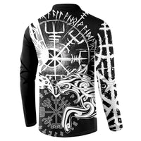 Black button-front sweatshirt back view with large raven and wolf graphic in white, long sleeves.