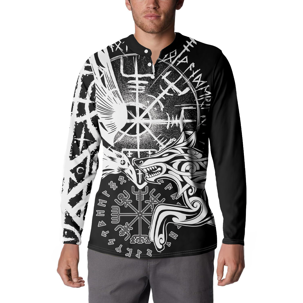 Black button-front sweatshirt with large raven and wolf graphic, long sleeves.