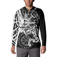 Black button-front sweatshirt with large raven and wolf graphic, long sleeves.