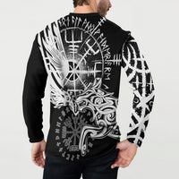 Black button-front sweatshirt back view with prominent raven graphic and white rune pattern, long sleeves.