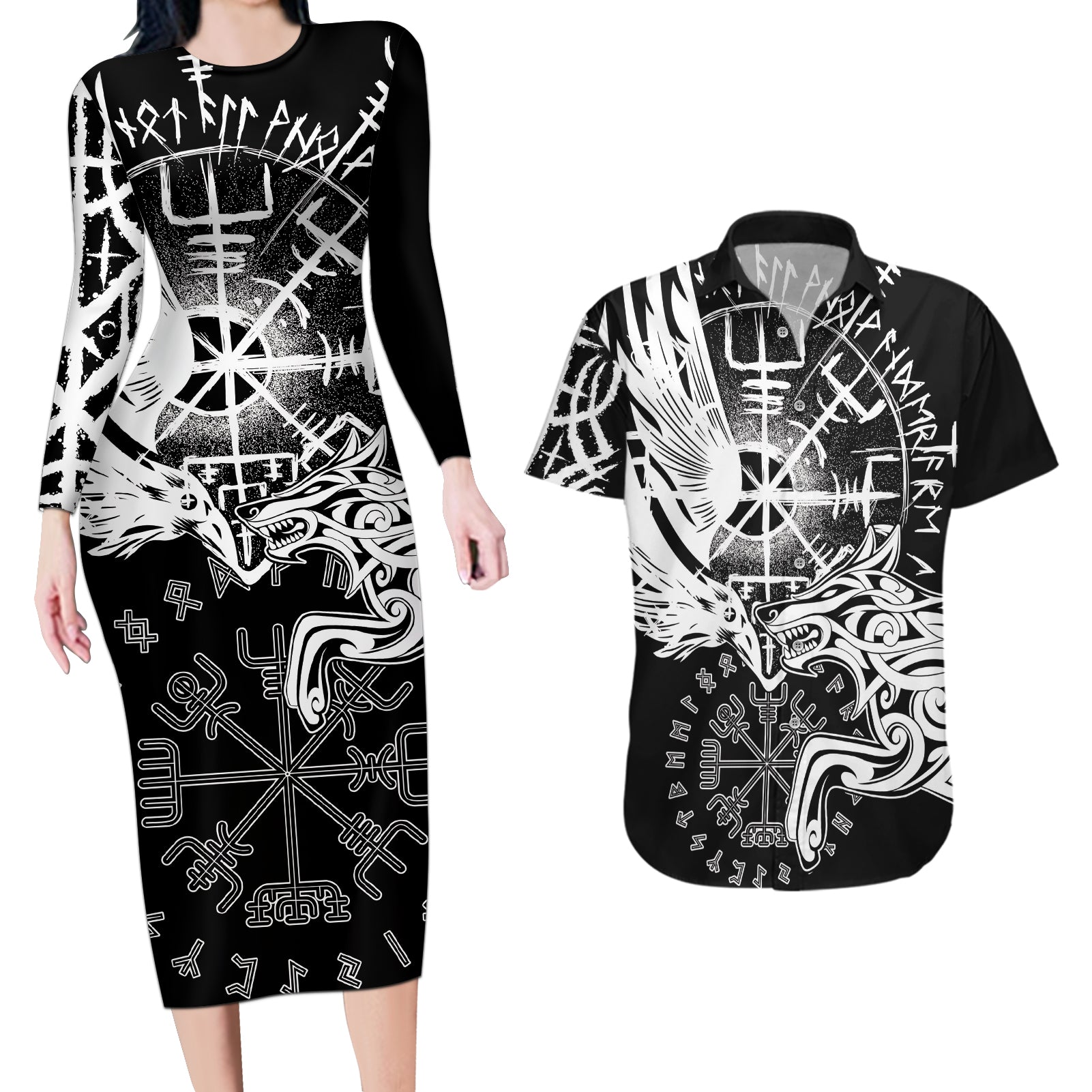 Vikings Raven and Wolf Couples Matching Long Sleeve Bodycon Dress and Hawaiian Shirt with Aegishjalmur Unique LT9 - Wonder Print Shop