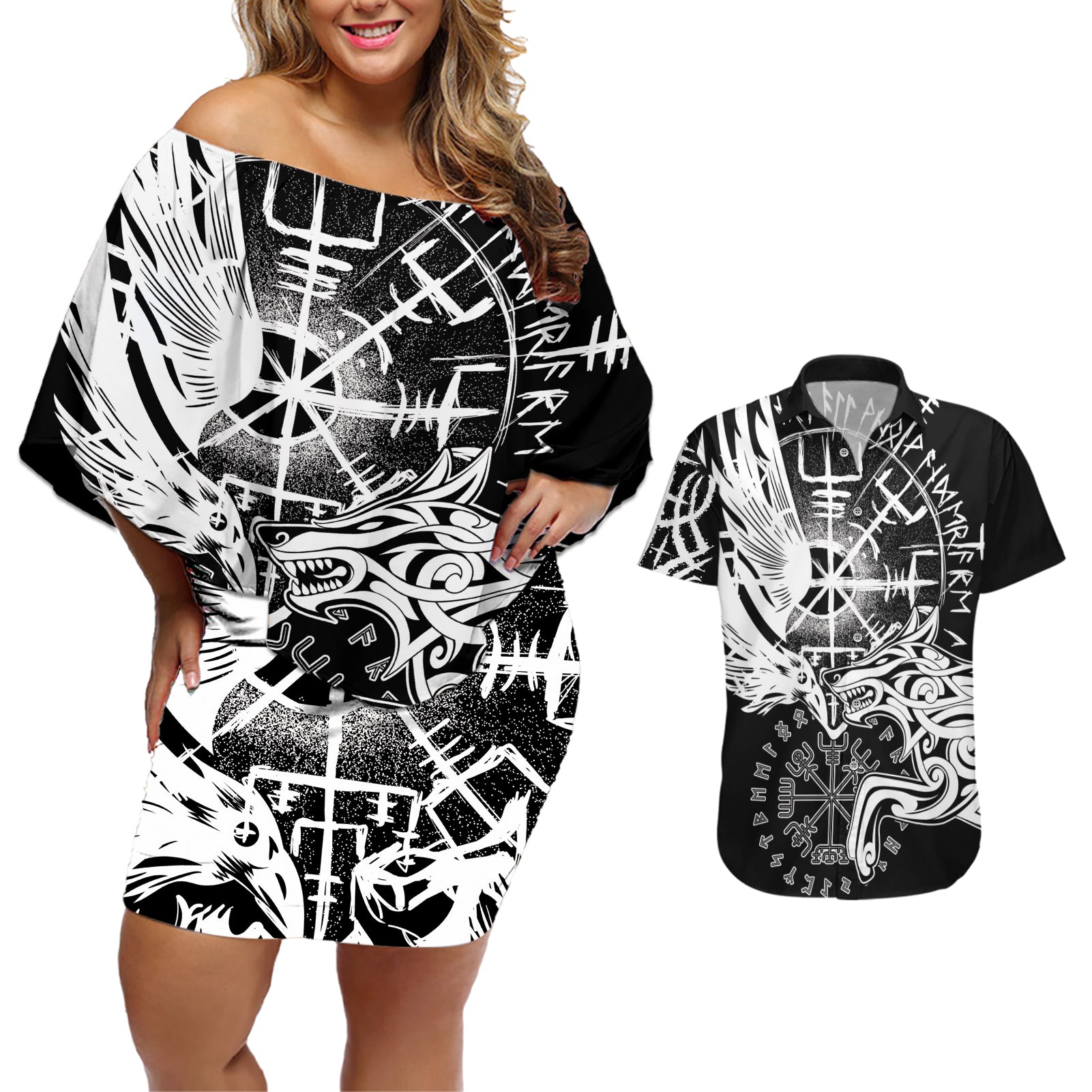 Vikings Raven and Wolf Couples Matching Off Shoulder Short Dress and Hawaiian Shirt with Aegishjalmur Unique LT9 - Wonder Print Shop