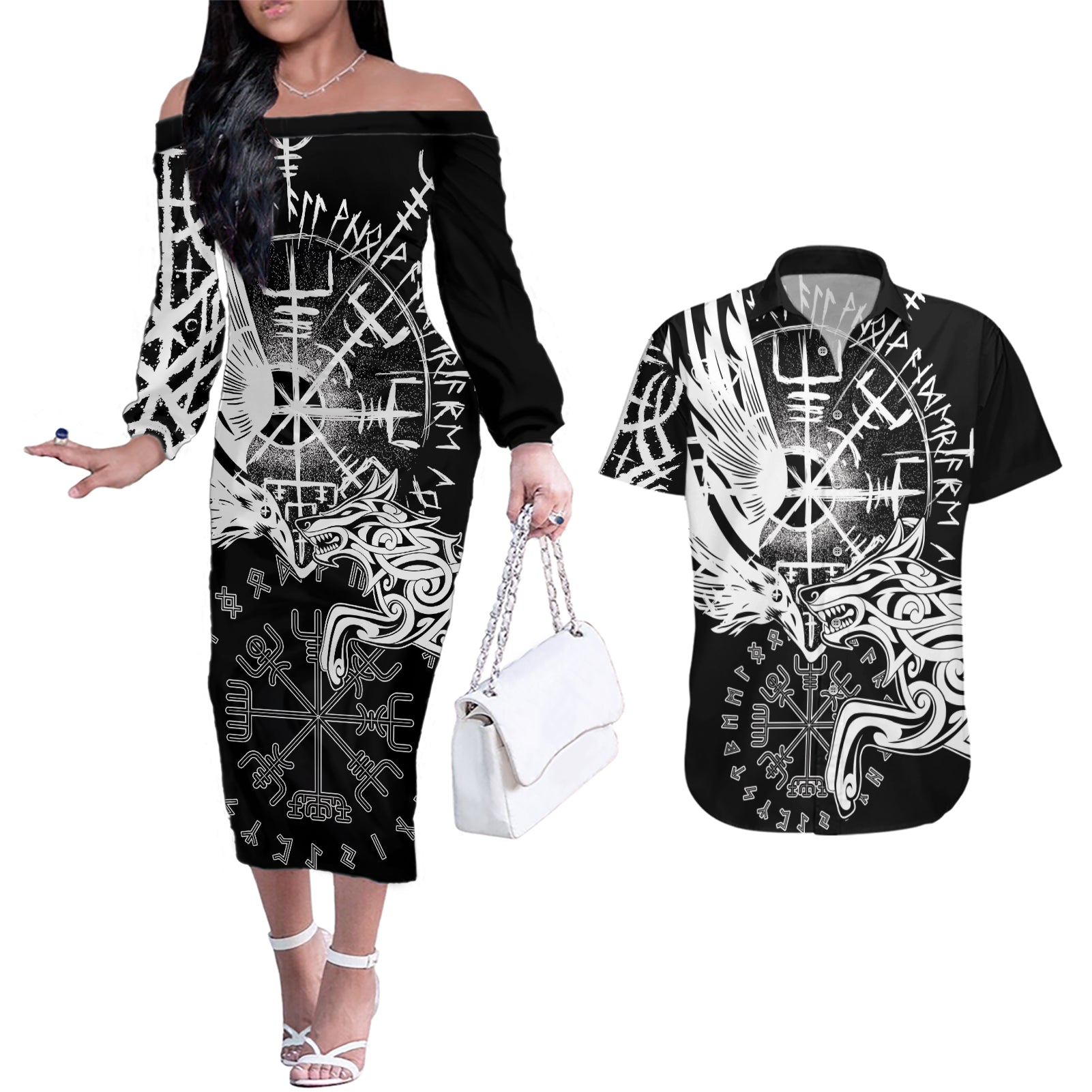 Vikings Raven and Wolf Couples Matching Off The Shoulder Long Sleeve Dress and Hawaiian Shirt with Aegishjalmur Unique LT9 - Wonder Print Shop