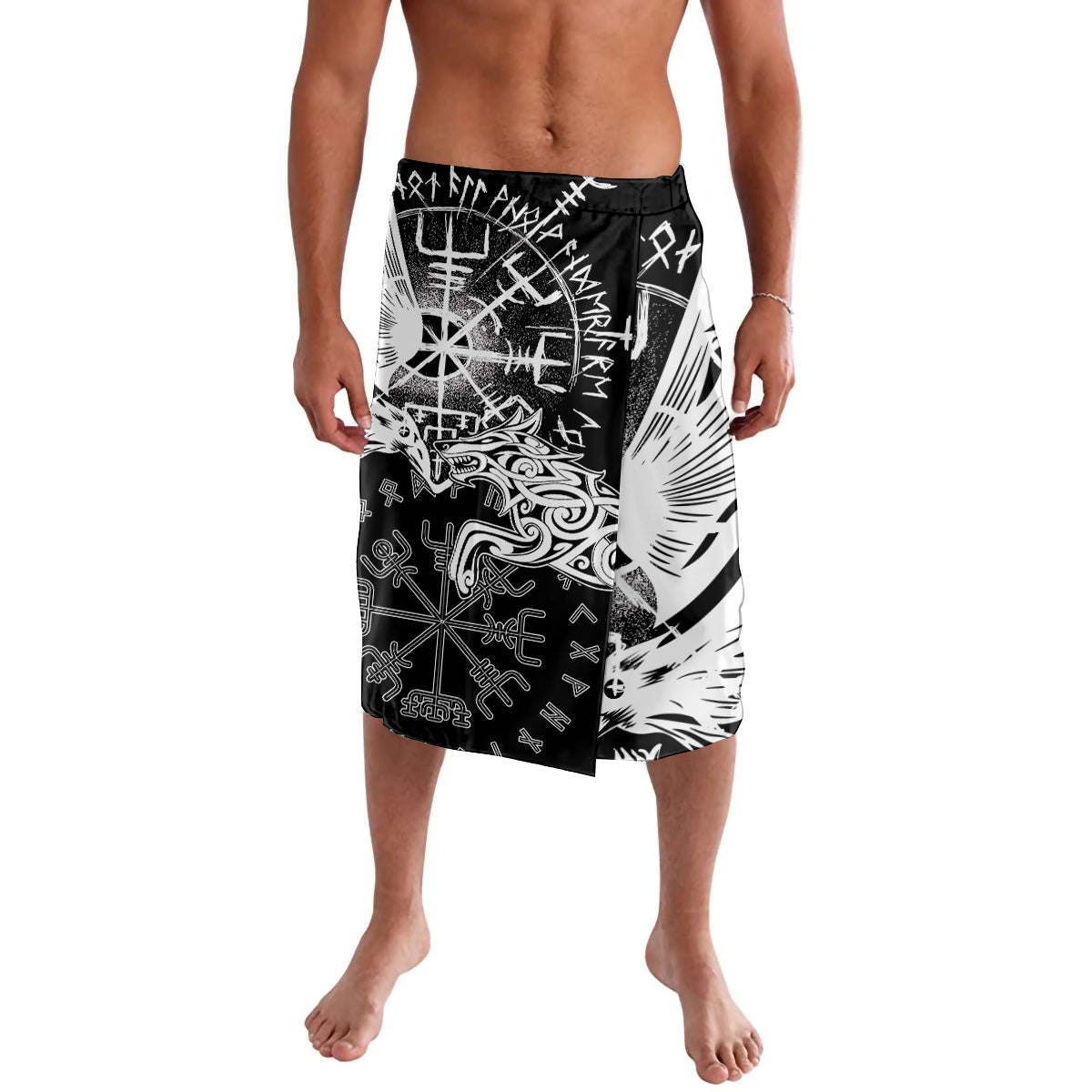 Viking-style graphic lavalava, black-and-white rune emblem print, elastic waistband