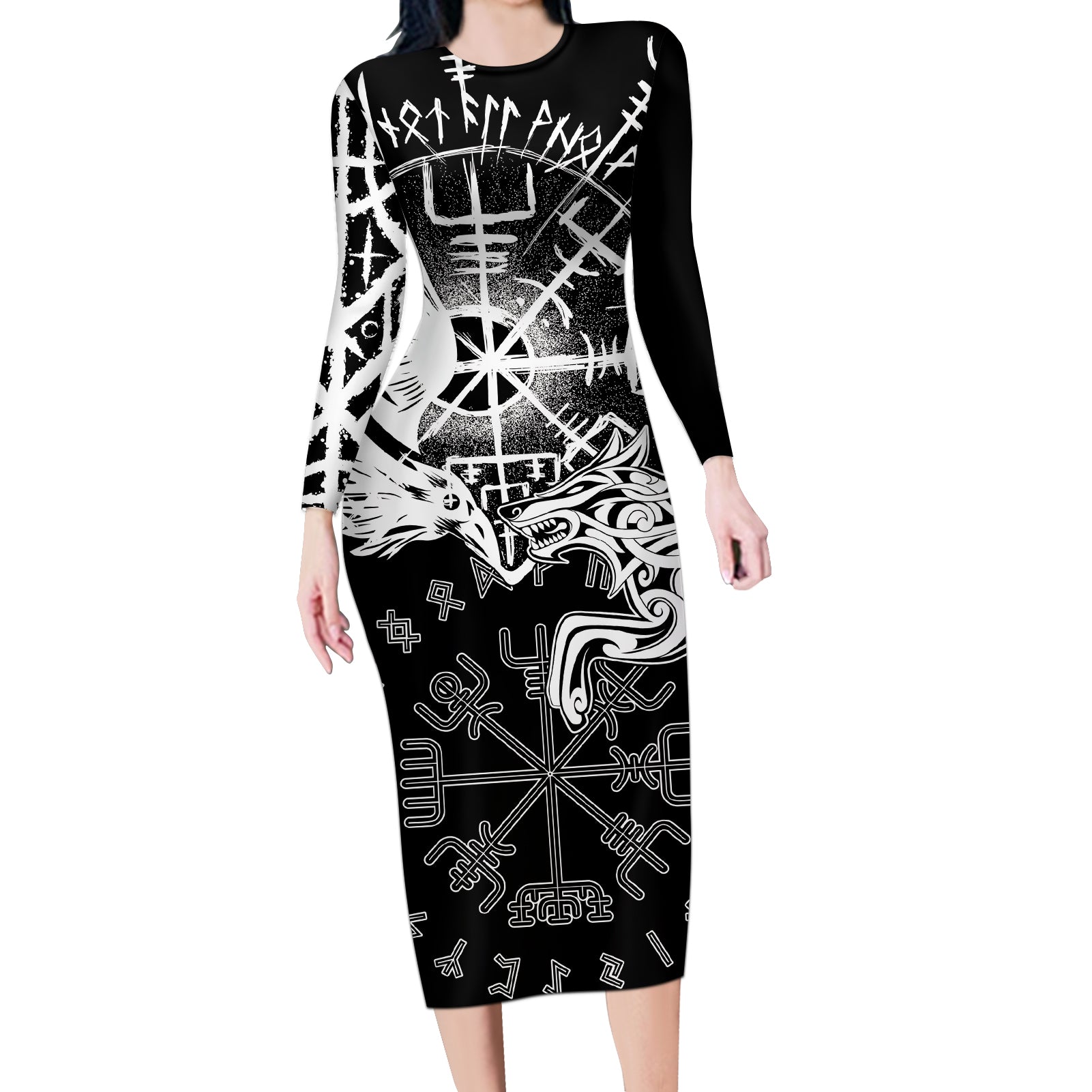 Vikings Raven and Wolf Long Sleeve Bodycon Dress with Aegishjalmur Unique - Wonder Print Shop