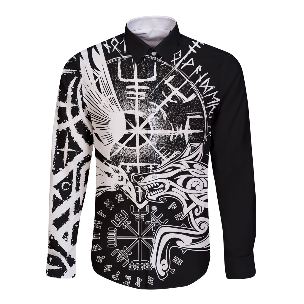 Black long sleeve button shirt with white Viking raven and wolf graphic, pointed collar