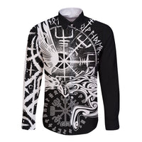 Black long sleeve button shirt with white Viking raven and wolf graphic, pointed collar