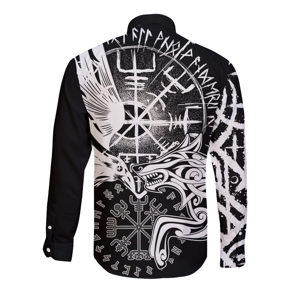 Black long sleeve button shirt with white Viking raven and wolf graphic on back