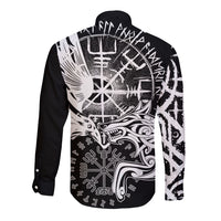 Black long sleeve button shirt with white Viking raven and wolf graphic on back