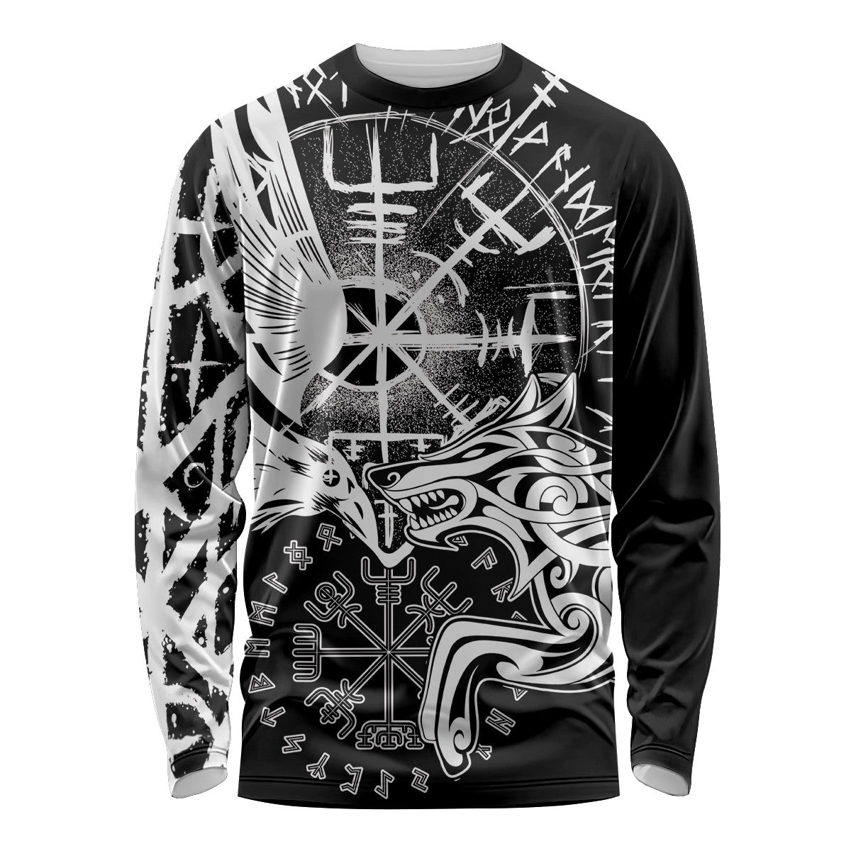 Vikings Raven and Wolf Long Sleeve Shirt with Aegishjalmur Unique - Wonder Print Shop