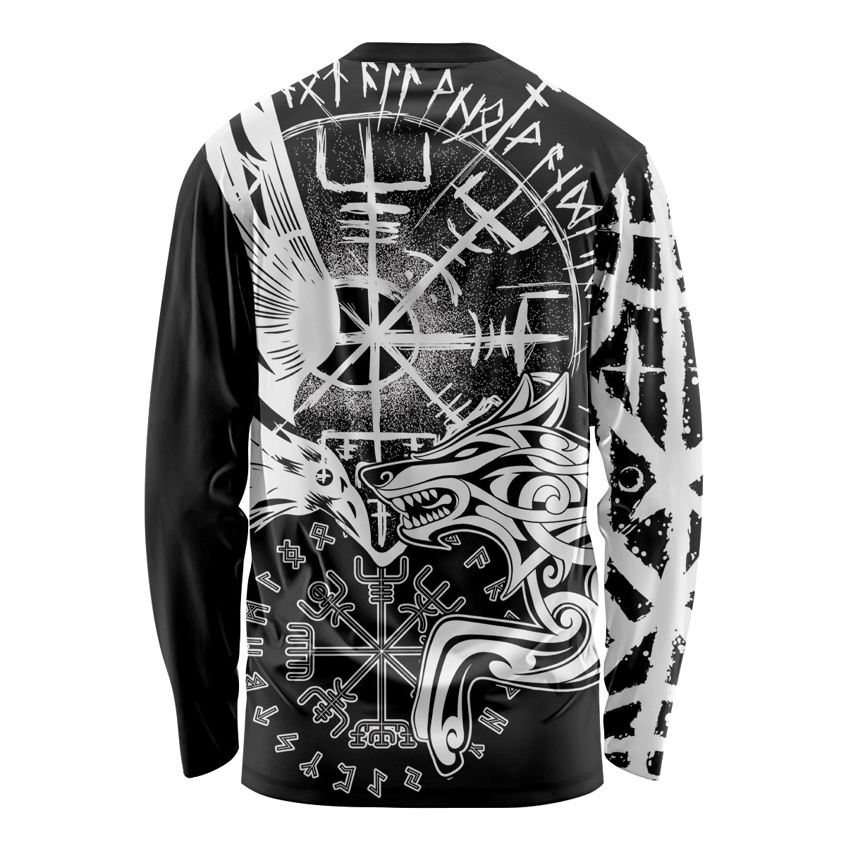 Black unisex long sleeve shirt with large back white Viking raven and wolf graphic