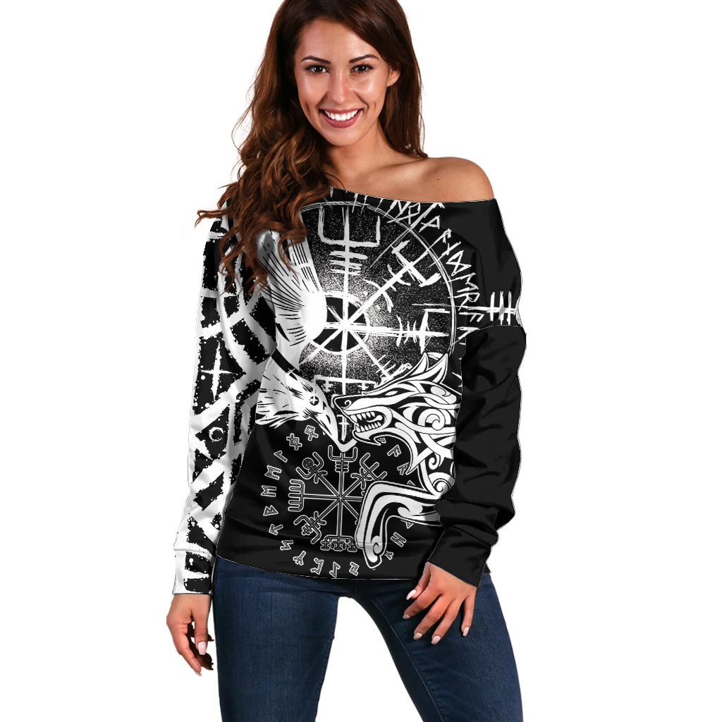 Vikings Raven and Wolf Off Shoulder Sweater with Aegishjalmur Unique - Wonder Print Shop