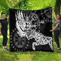 Black quilt with white raven-and-wolf graphic and rune symbols, quilted pattern.