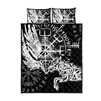 Viking quilt bed set flat view, black quilt with white raven, wolf, and runes