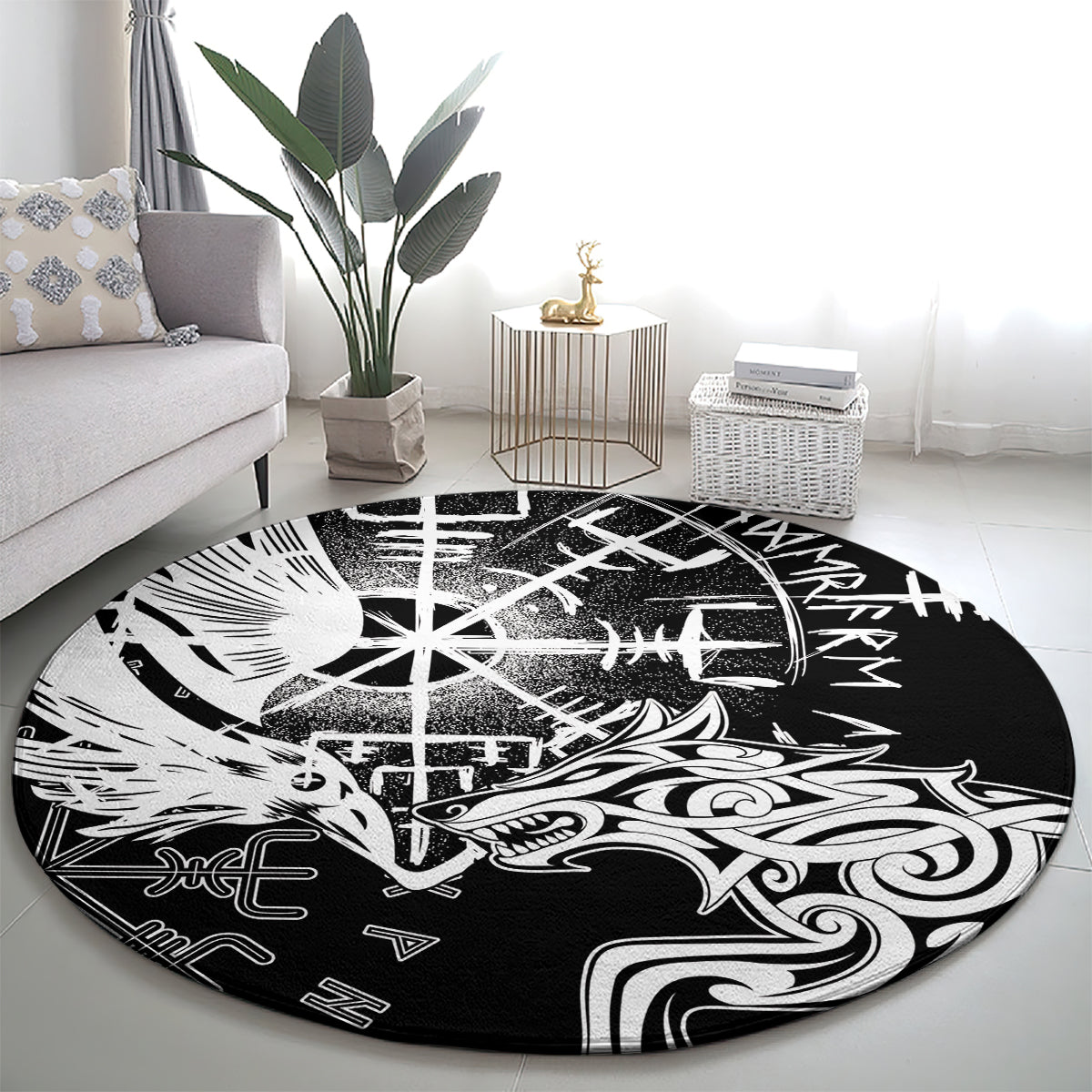 Round black area rug featuring white Viking raven, wolf, and rune pattern
