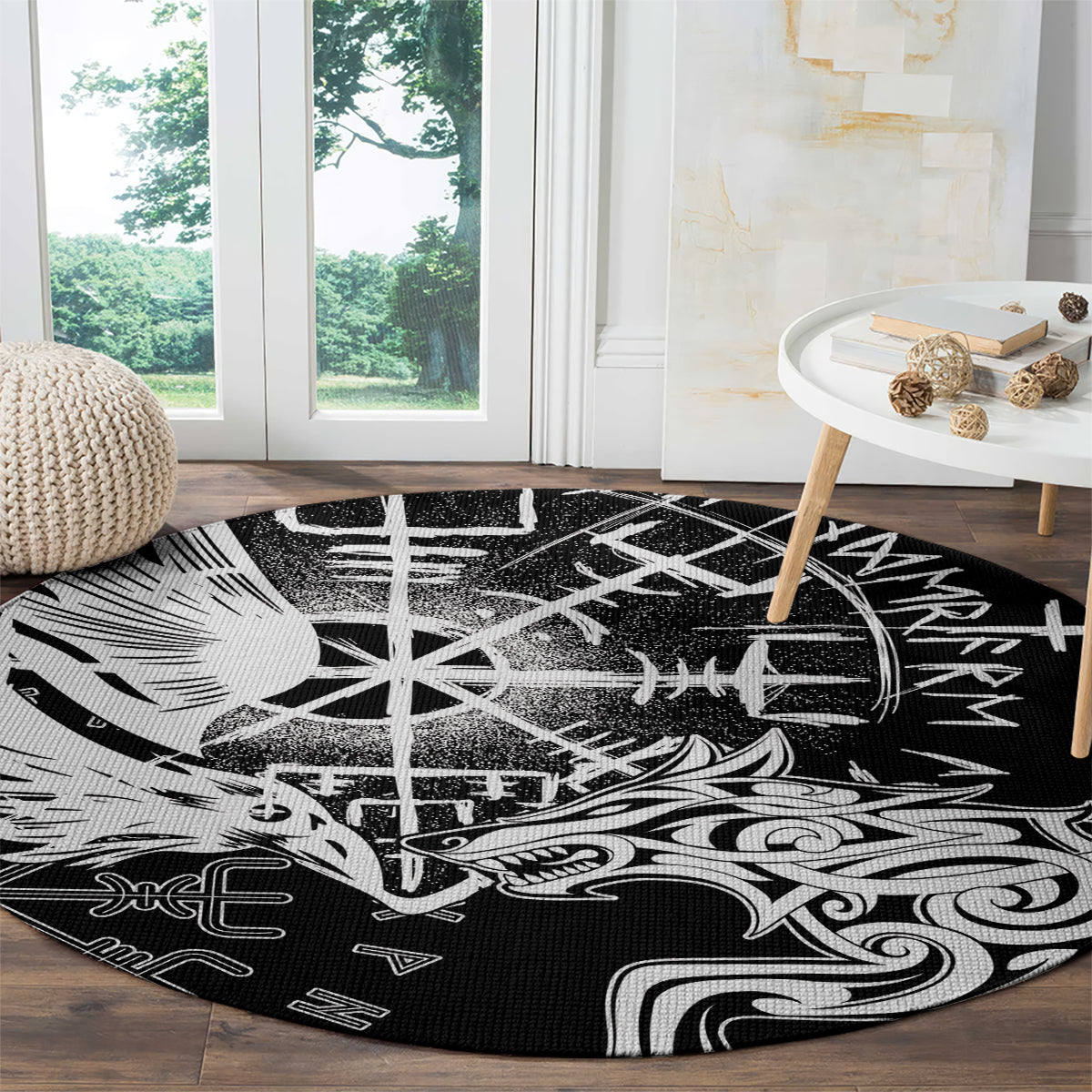 Round black rug with bold white Viking raven and wolf design plus runic symbols
