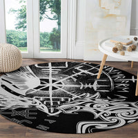 Round black rug with bold white Viking raven and wolf design plus runic symbols