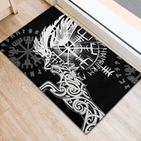 Black rubber doormat featuring wolf head with raven, runes border, and triskelion pattern