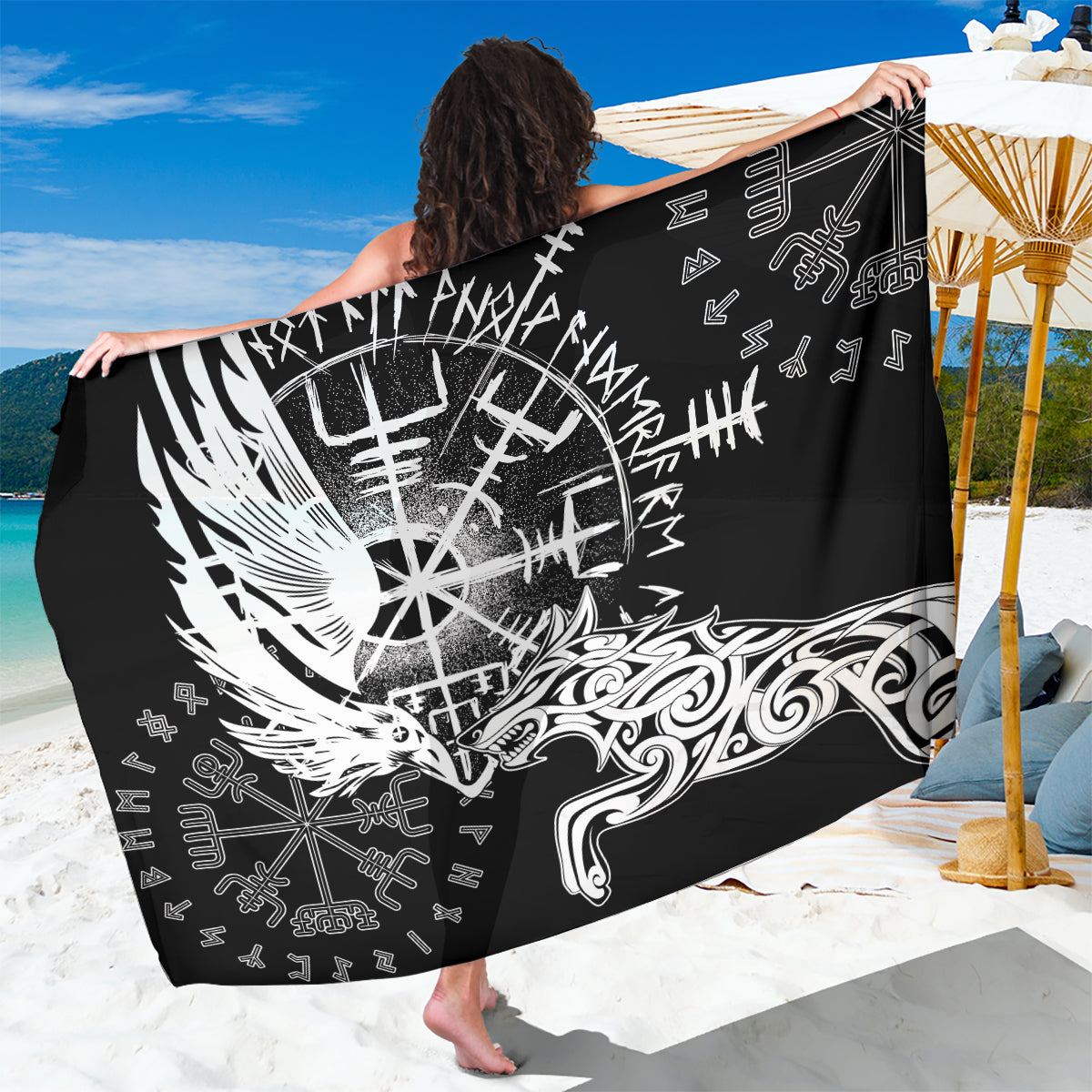 Vikings Raven and Wolf Sarong with Aegishjalmur Unique - Wonder Print Shop