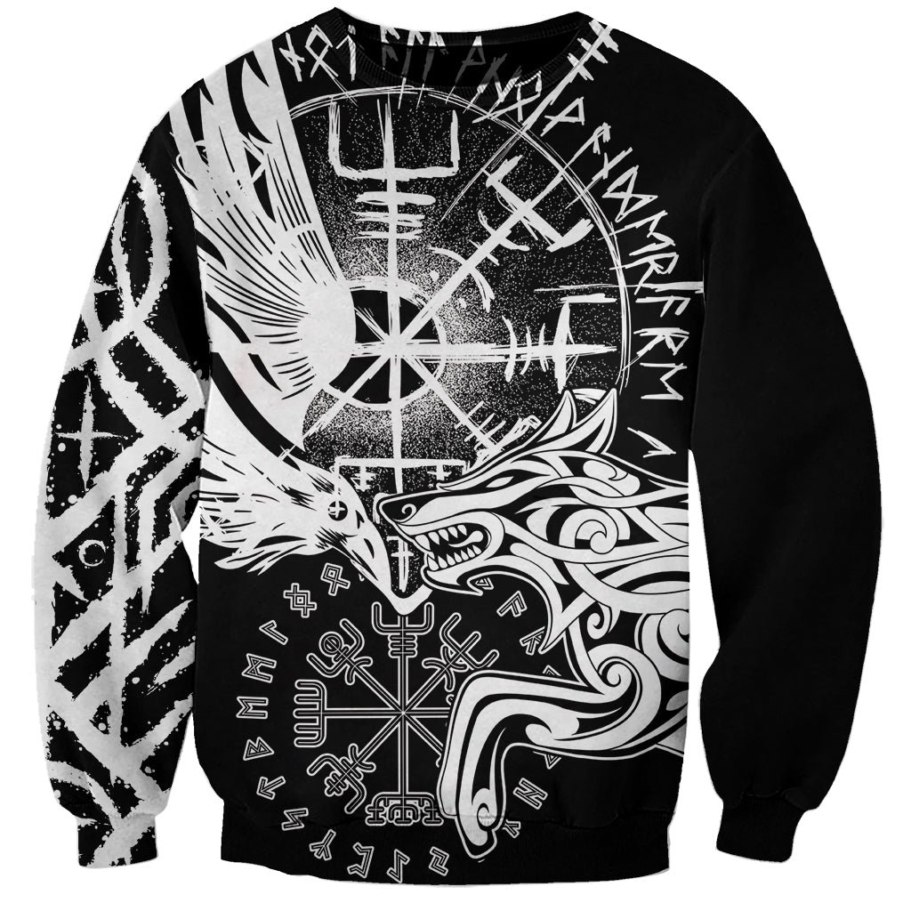 Black unisex sweatshirt with large white raven and wolf graphic, runes and sigil print