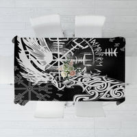 Black tablecloth with white Viking raven and wolf artwork, draped on a table