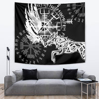 Black Viking raven and wolf tapestry with white rune-style circle and symbols
