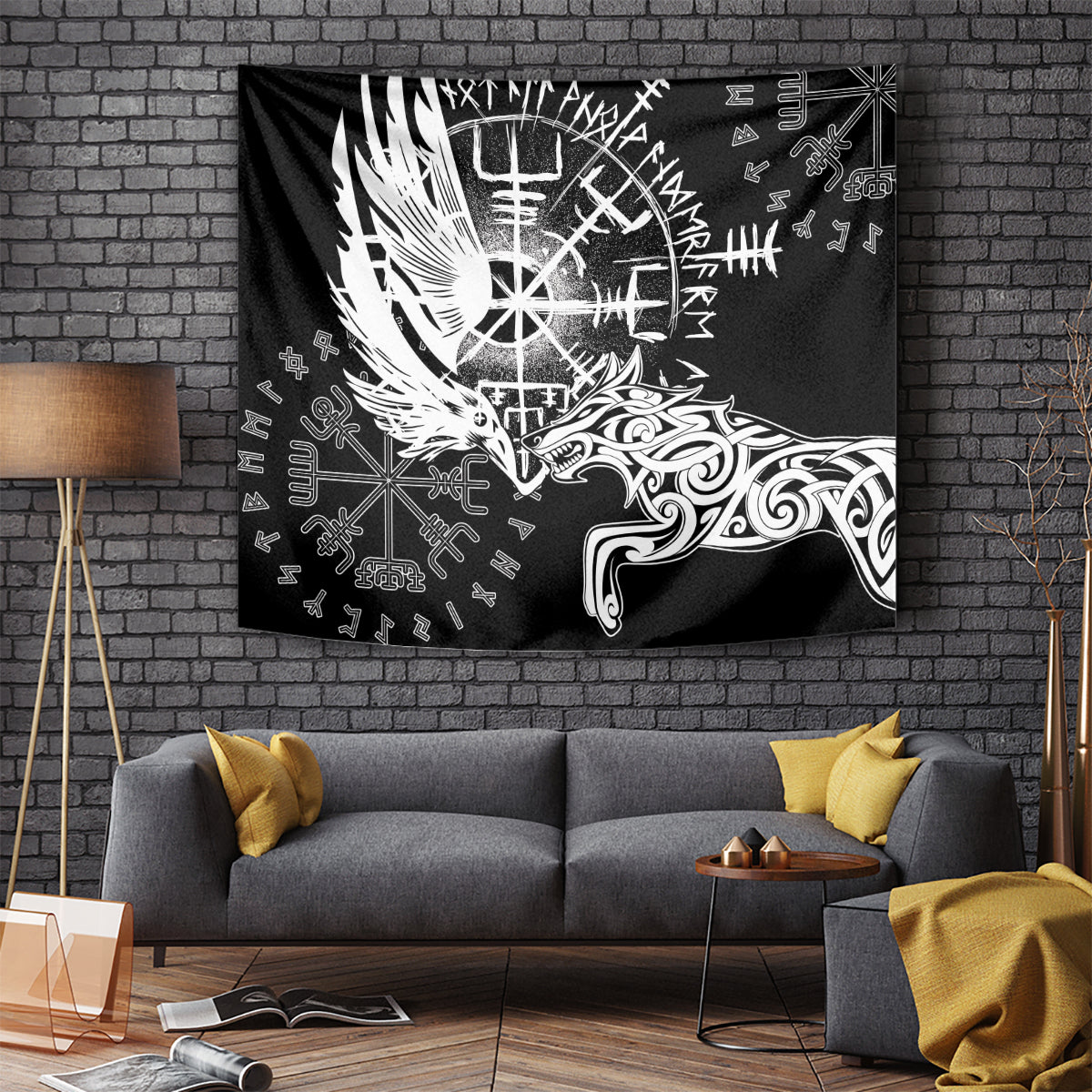 Black Viking raven and wolf wall tapestry with white graphic emblem and claw mark