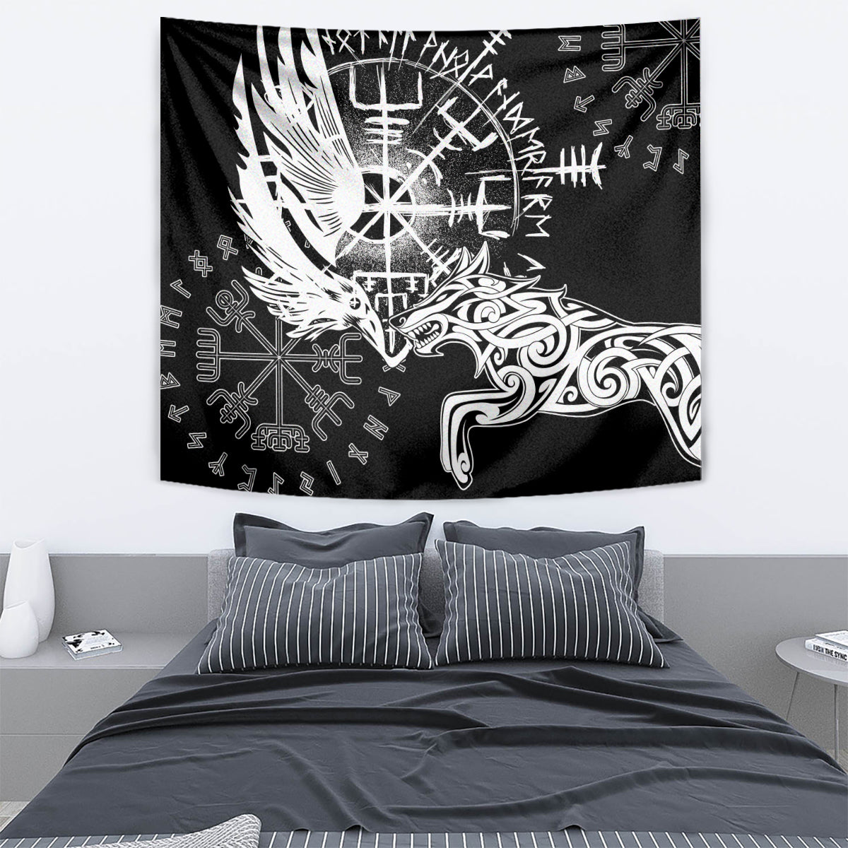 Black Viking raven and wolf tapestry on a wall with white rune circle and winged figures