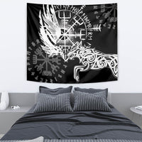 Black Viking raven and wolf tapestry on a wall with white rune circle and winged figures