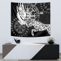 Black Viking raven and wolf tapestry featuring a white rune compass and ornamental wolf head