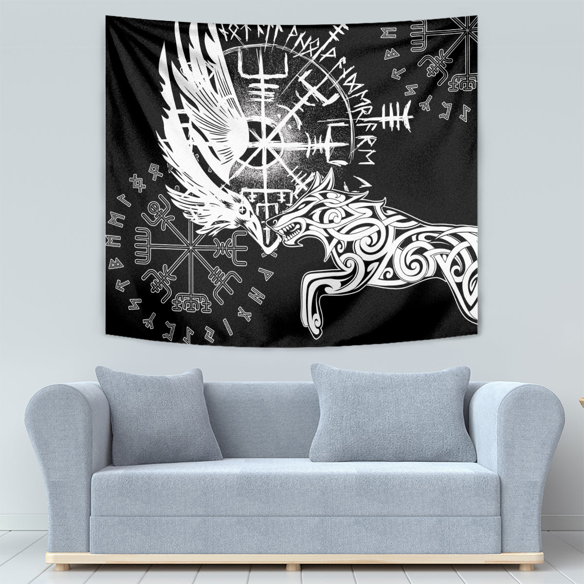 Black Viking raven and wolf tapestry with white rune circle, raven wings, and cross symbols