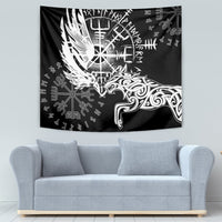 Black Viking raven and wolf tapestry with white rune circle, raven wings, and cross symbols