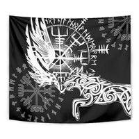 Black Viking raven and wolf tapestry close-up with white rune wheel, symbols, and wolf design