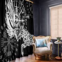 Black window curtain panel set with white Viking raven and wolf artwork and runic symbols