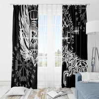 Black window curtain pair with white Viking raven and wolf line-art and runic motifs